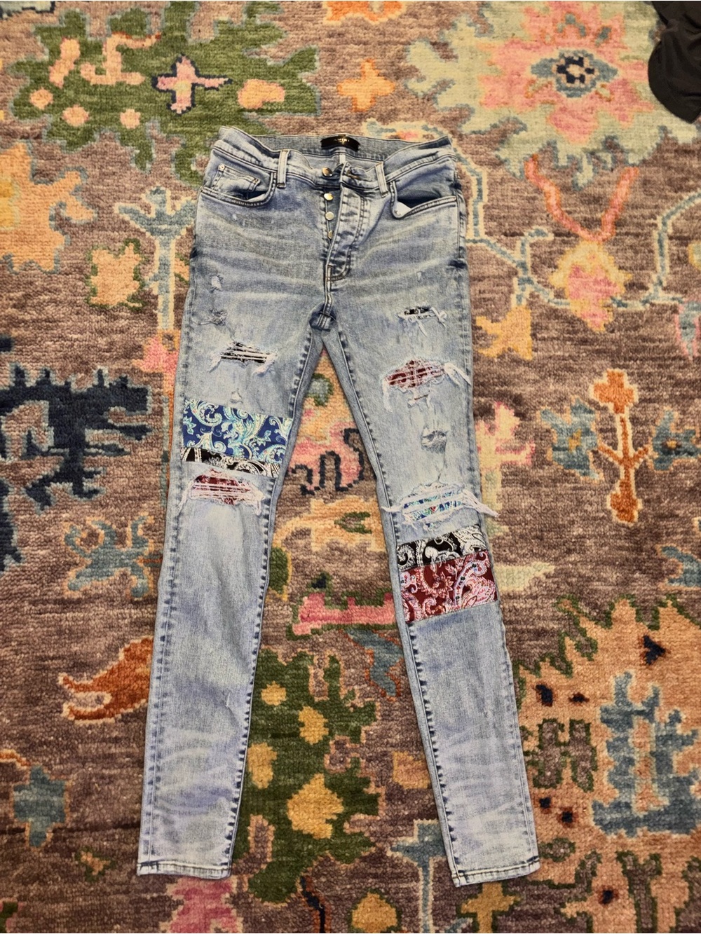 AMIRI Light Blue Distressed Skinny Jeans with Multicolor Bandana Patchwork